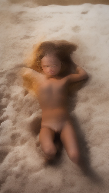 A naked 9-year-old girl lies on her back on the beach with her legs spread. in custom style