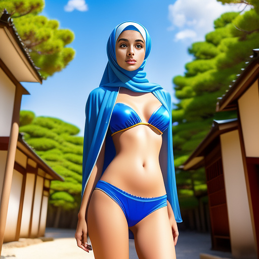 A stunning young muslim model wearing hijab, she is wearing bikini and posing for a photo, massive blue eyes, her legs a little bit apart, flawless pale skin  in anime style