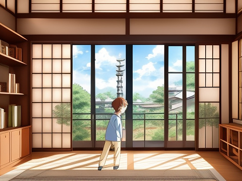 Boy in home in anime style