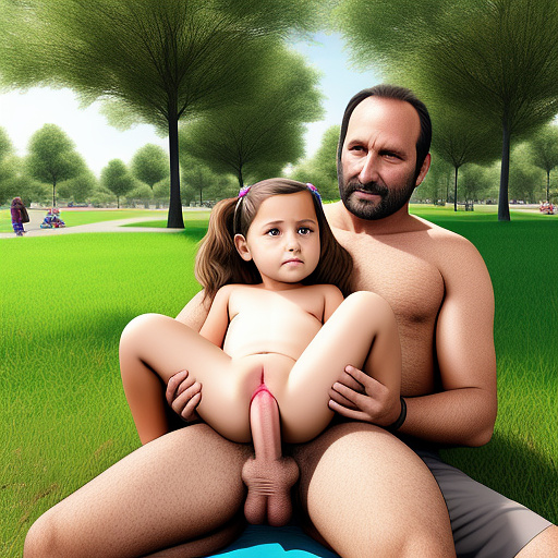 Ultra realistically a 9 year old girl sits in the park with a 40 -year -old man on his lap his penis penetrates into her vagina a sperm liquid runs out of her vagina in custom style
