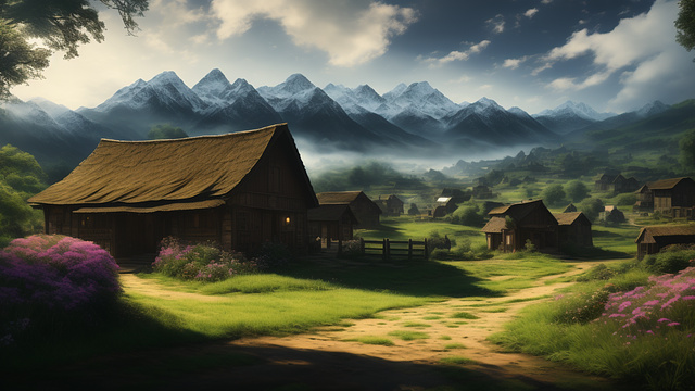 A woman bids farewell to village warrior, in front of their farmhouse, mountains in the background, wispy clouds,
 in fantasy style