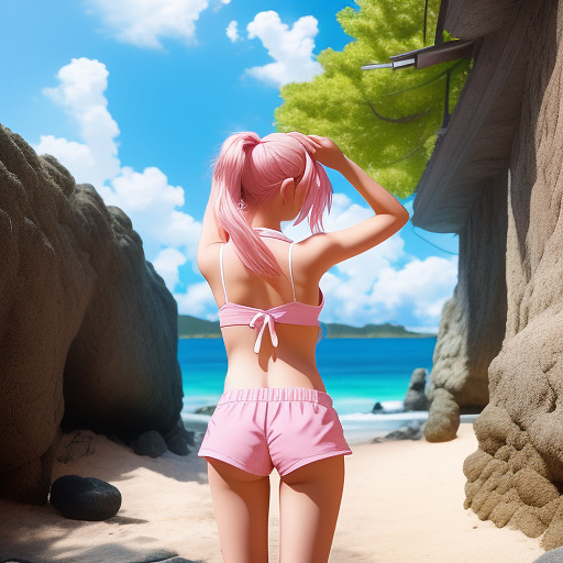 Little young girl in camera, whit shorts pants and swim bra, curbing her body. 
pink hair and her hands up for tie the hair, pony tail stile
in a beach

 in anime style