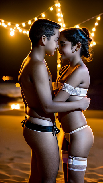 A romantic moment between a childhood couple. the 11 year old tween girl, wearing her string bikini and garter belt, does sandungueo dance with the 11 year old tween boy. in custom style
