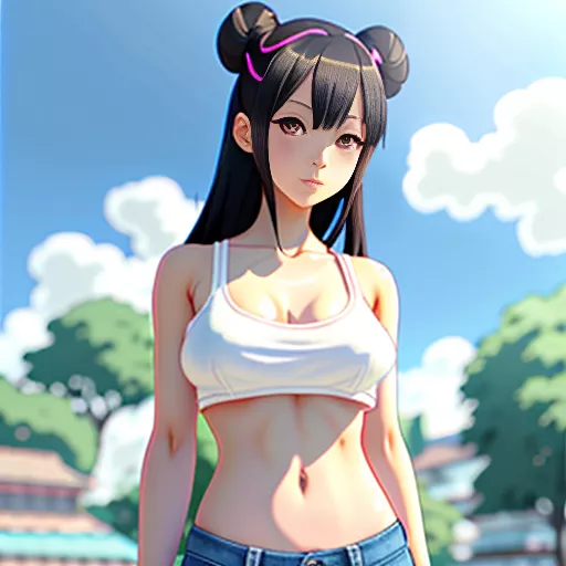 Beautiful petite asian girl wearing a small white crop top and denim shorts, pierced nipples, medium boobs, bare feet, tan lines, painted fingers and toe nails white in anime style