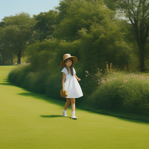A girl is skipping across a sunny lawn. she has a basket in her hands and a hat on her head. in custom style