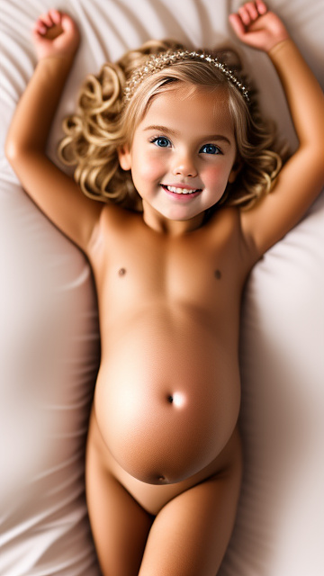 Realistic, detailed, 7-year-old blonde girl, pregnant, tan wedding outfit, showing belly, laying in bed, top down full body view, red blush, tan skin, mouth open,  in custom style
