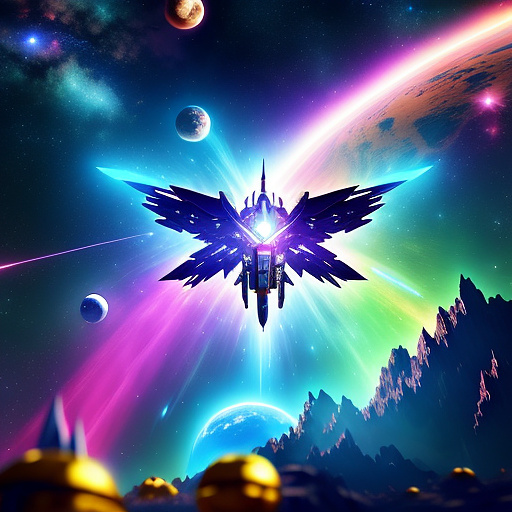A cheerful transformer flies through space against the backdrop of planets. in angelcore style