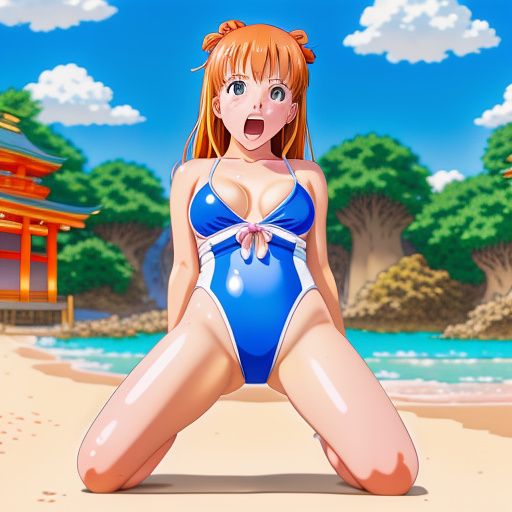 5 year old girl
one piece swimsuit
big boobs
big vagina
screaming crying
kneeling front view  in anime style