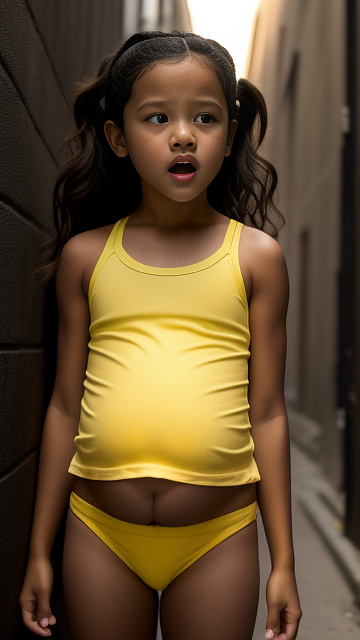 Pregnant, 7 years old, jenna ortega, yellow panties, yellow tank top, alleyway, screaming in pain, giving birth in custom style