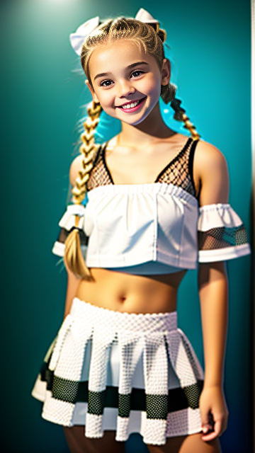 White, blonde, very cute, girl 13 years old, fishnet top , boobs 48ddd, mini skirt , smiling,  in custom style