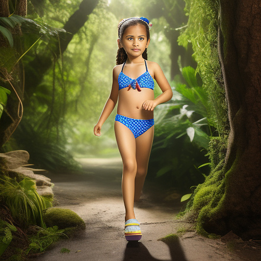 10 years old girl on a bikini,the girl is using shoes,cute girl,full body photyo in realistic style