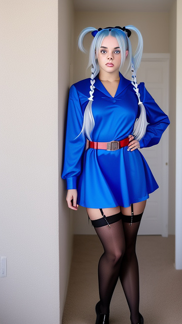 Billie eilish with her hair in pigtails, wearing a blue dress with red belt and black pantyhose in custom style