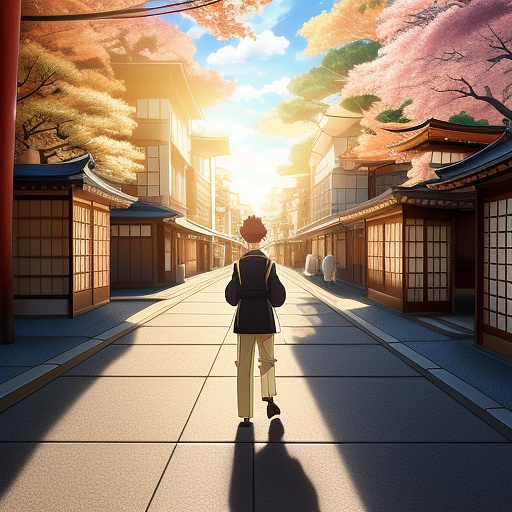 A youngman with suitcase walks under the sunshine in anime style