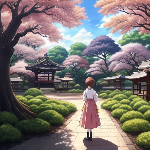 The girl is at the naichiar and here is the tree and she has brown hair and sha warning a pink dress in anime style