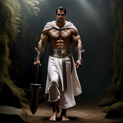 Full body wide shot, muscular, bare chest henry cavill as a paladin in white robes, holding a massive hammer, dynamic pose, clear face, cinematic lighting, detailed clothes, in a dark jungle, subject is well lit, realistic skin texture, hyper-realistic portraiture  in custom style