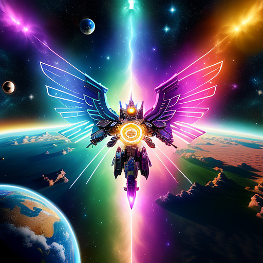 A cheerful transformer flies through space against the backdrop of planets. in angelcore style