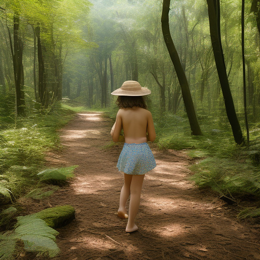 A 9-year-old girl is skipping along a forest path. she has a basket in her hands and a sun hat on her head. she's naked in custom style