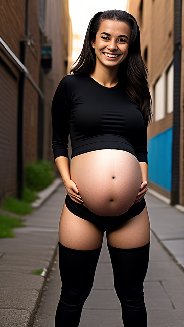 Pregnant, pedophile, alleyway, full body, black spandex, close up, happy face  in custom style