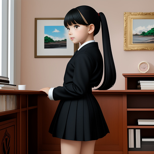 A little girl in a black silk school uniform with her skirt lifted in anime style