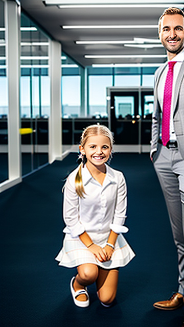 White cute smiling white 6 year blonde girl on knees,  next to blond 30-year-old-business man standing behind her, both people shown fully in picture,  in custom style