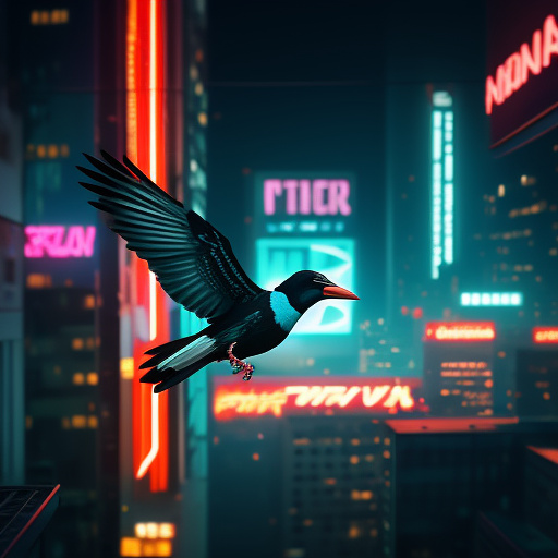 Magpie flying from above, spoon in beak in cyberpunk style