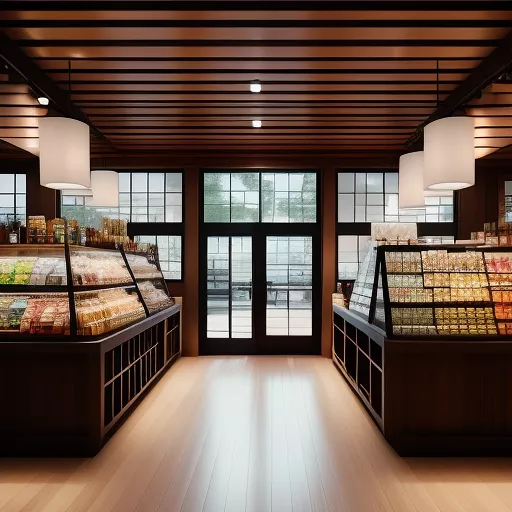 Food retail with wooden interior and wall dispensers made of glass for unpacked cereals in anime style