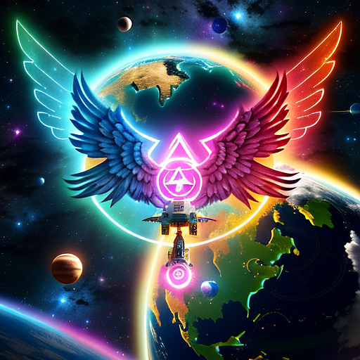 A cheerful transformer flies through space against the backdrop of planets. in angelcore style