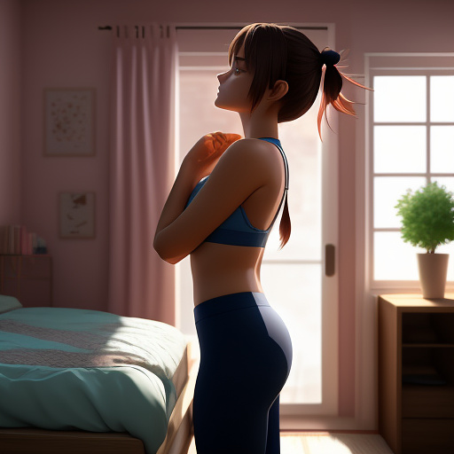 A romantic moment between a childhood couple in a cozy bedroom. the 11-year-old sexy hot girl, wearing a light, stylish bras and yoga pants, shares a gentle kiss with her 11-year-old boyfriend.  in anime style