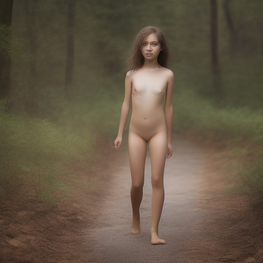 A 9-year-old naked girl is walking through the woods alone. in custom style