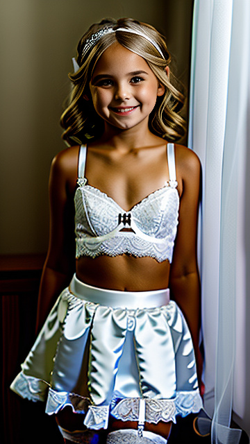 Cute white 5 year blonde girl, lace bra mini skirt,smiling, garter belt, bride tiara in custom style