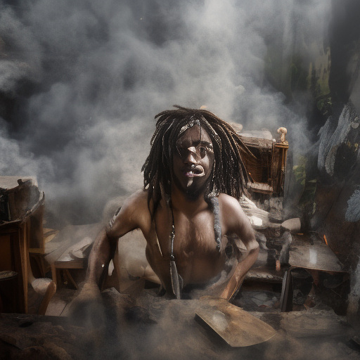 A black rastafarian is sitting on a worktable, smiling happily and smoking. the room is smoky. in custom style