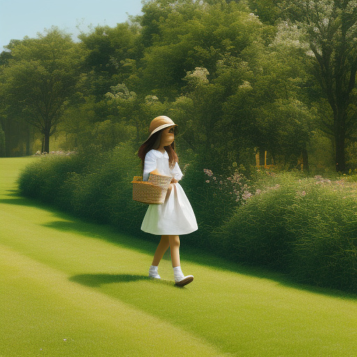A girl is skipping across a sunny lawn. she has a basket in her hands and a hat on her head. in custom style