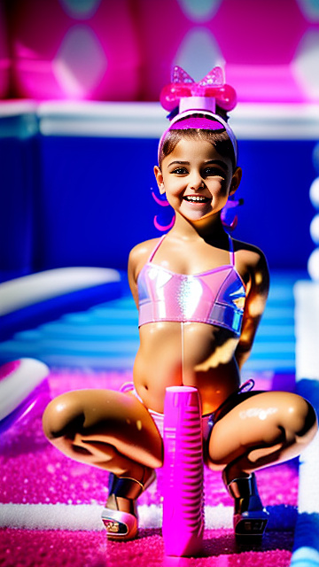 7-year- old julianna rose mauriello, lazy town, covered in pink baby oil, clear pink plastic open toe 7 inch platform stilettos, on latex bikini fashion runway, squatting with legs open, using pink pool noodle dildo, dildo slipping into her, camel toe stretching wide to allow dildos girth, realistic dildo disappearing into her, yawning, bikini bottoms has opening for dildo, ariel winter in sci-fi style