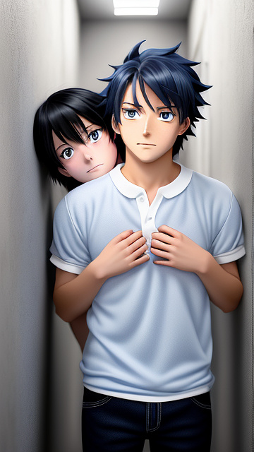 Two attractive adult anime boys. one of the boys, who is the head of the mafia, has black hair and blue eyes, and the other boy has white hair and blue eyes. the black-haired blue-eyed mafia boy presses the white-haired blue-eyed boy's neck against the wall and stares at her lovingly the white-haired boy with blue eyes is a little scared in anime style