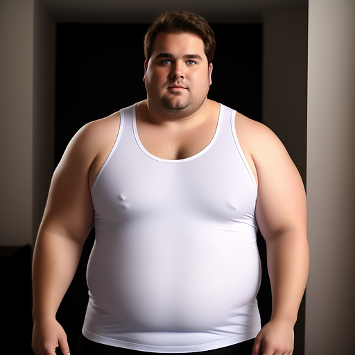 Obese brown haired white handsome man with face and full body visible, wearing a tanktop too tight for him. in custom style