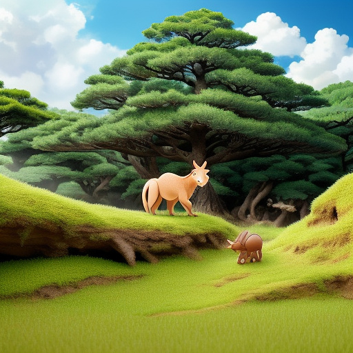A very, very tiny human the size of an ant hides from a super duper rounded giant kangaroozilla behind a giant grass  in anime style