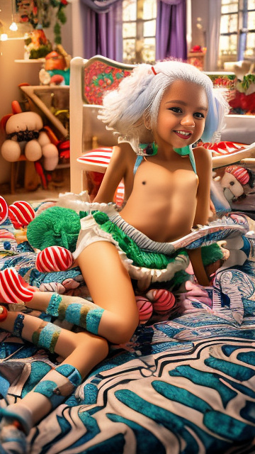 A skinny 9-year-old girl with big boobs and white hair is lying on her bed with her legs spread wide in kids painted style