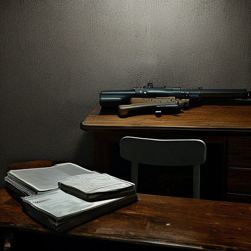 In a dark room, there is a telephone and a gun on the table. a man is sitting on a chair, and he is dead. in custom style