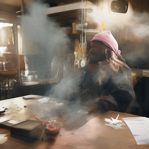 A black rastafarian is sitting on a worktable, smiling happily and smoking. the room is smoky. he's wearing a pink cap. in custom style