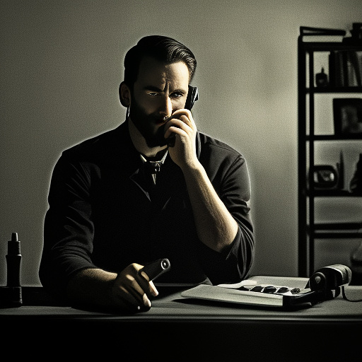 In a dark room, there is a telephone and a gun on the table. a man is sitting on a chair, and he is dead. in custom style