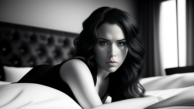 Marvel black widow in bed in bw photo style