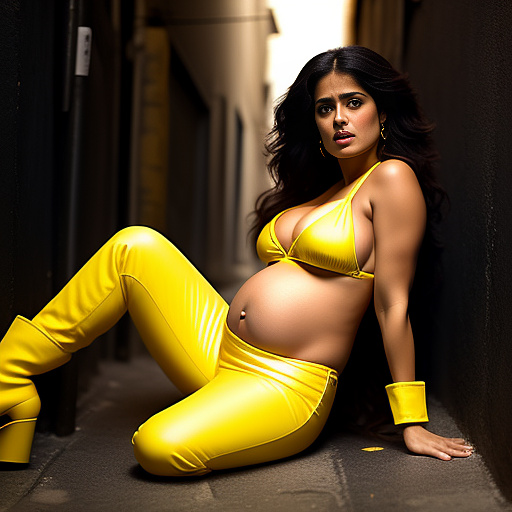Pregnant, salma hayek, yellow bikini, yellow boots, alleyway, screaming in pain, in custom style