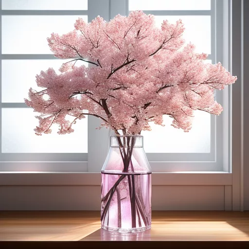 Cherry blossom branch in a vase of water on windowsill in anime style