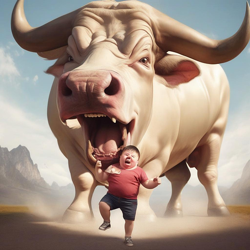 Tiny shrunken boy gets swallowed inside the big, wide open mouth of a huge, fat, stinking, hungry giant bull in realistic style