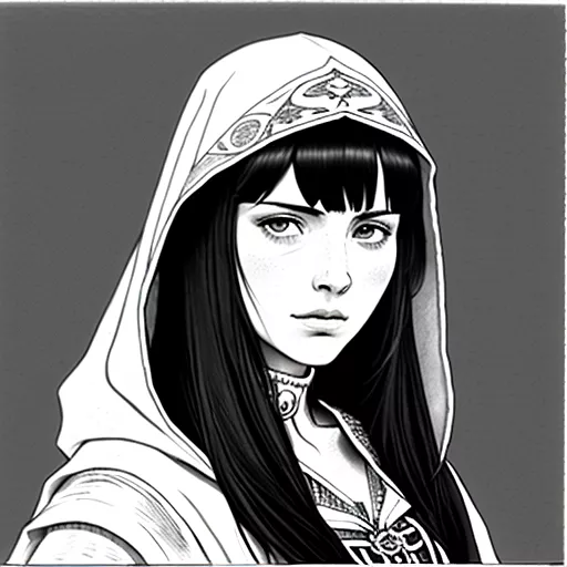 Spanish woman in hood with black hair and brown eyes. medieval. arrogant. 40 years old. wears a cape.  in pancil style