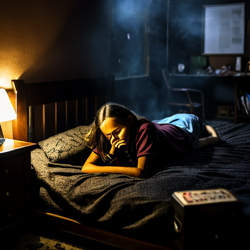 The room is dark, smoky and a mess, the bed is broken. there is an ashtray with an outstanding cigarette on the table. a 13-year-old girl is lying on a bed and crying. in custom style