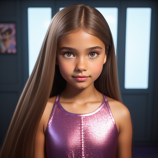 An eleven year old girl with light brown mid length straight hair, light brown eyes, wearing makeup and is wearing yellow dance outfit and holding a dance baton in disney 3d style