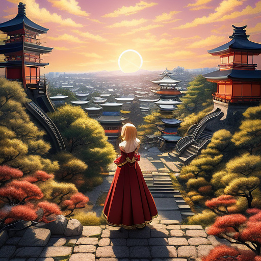 A woman in a love themed red dress with loads of intricate gold love embroidery, carrying a tome, on a hill top, two astrological sign light up brightly in the skies with the connective lines
 in anime style