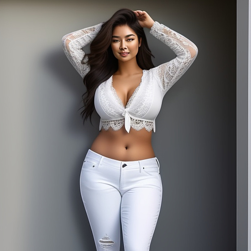 Curvy jessica gomes with her arms up in a loose long sleeve cropped lace shirt and long jeans pants and showing her belly and full body portrait  in custom style