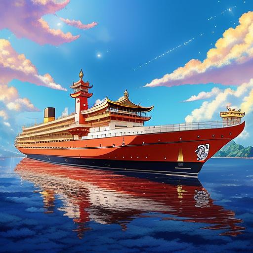 A huge majestic diamond studded ship
 with red flags in anime style

 in anime style